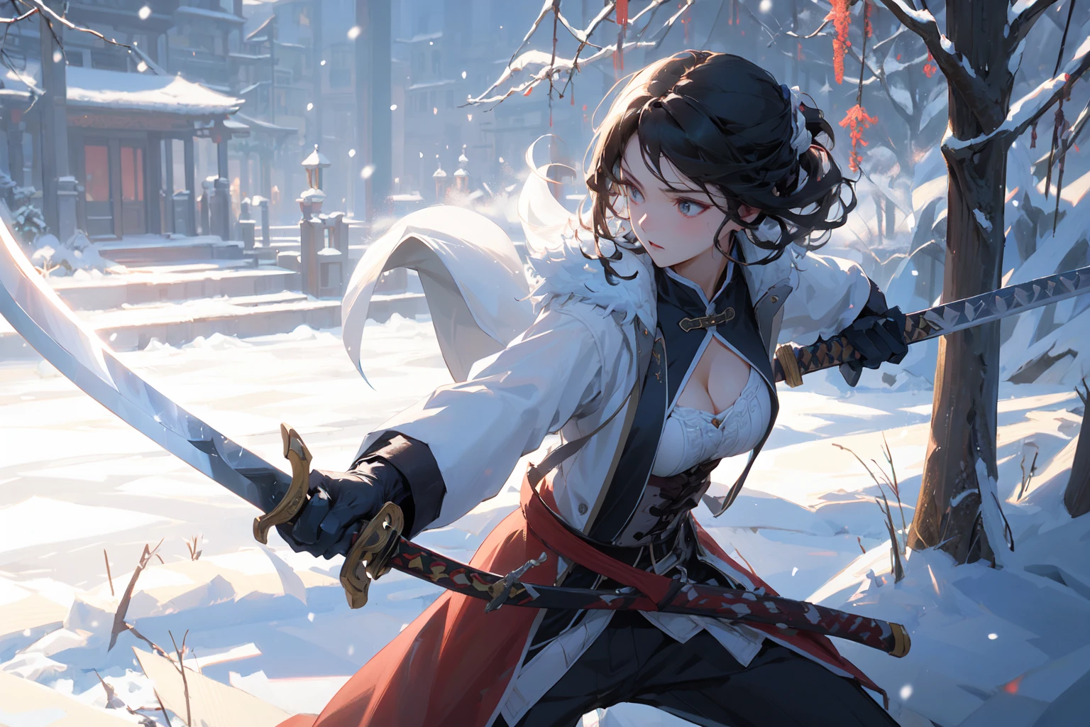 , masterpiece, best quality,
swordman,holding a sword(trees:0.5),(eagle:0.5), (bamboo:0.2) fighting stance, Hangzhou, glowing,winter,snowing,
solo, weapon, sword, tree, 1girl, holding, gloves, outdoors, sheath, border, holding weapon, black hair, holding sword, fur trim, looking away,medium breast,show cleavage,look at view,