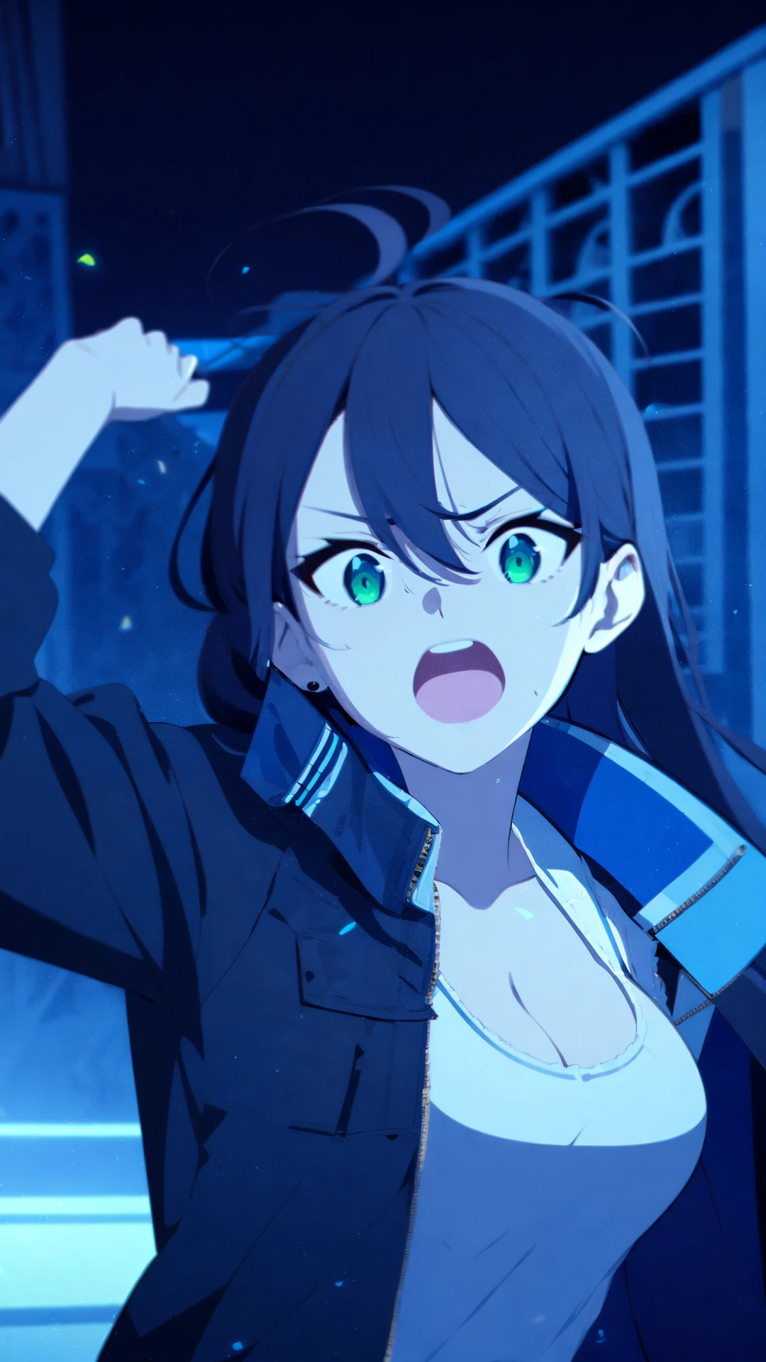 (BAPV, blue theme:1.2), (red hair), green eyes, night, river, bridge, jacket, black hair, open mouth, blurry background, long hair, open clothes, long sleeves, open jacket, solo focus, hair between eyes, upper body, cleavage,<lora:hiqcg_body_epoch:0.3>Bending over as if picking something up