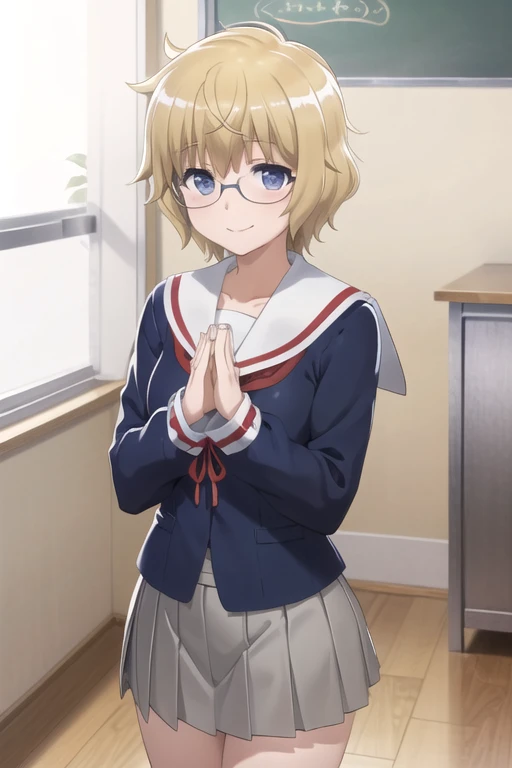 (extremely detailed CG unity 8k wallpaper), (masterpiece), (best quality), (ultra-detailed), (best illustration), (best shadow), (absurdres), 1girl, solo <lora:mayura-10:0.8>, momouchi mayura, messy hair, (serafuku, school uniform, gray skirt), smile, own hands together, looking at viewer, standing