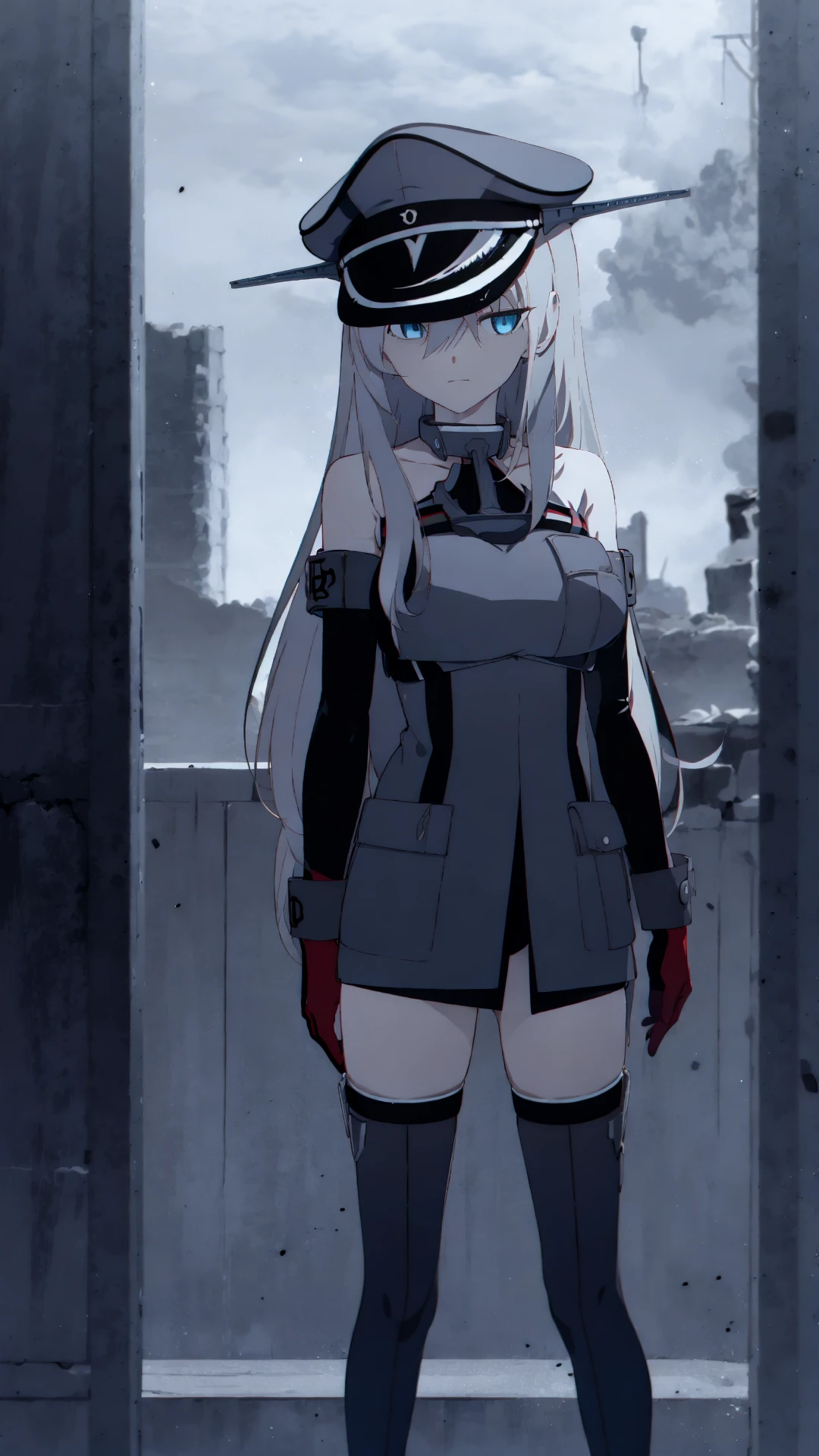 <lora:Bismarck_64:0.9>,(BAPV), [grey theme], girl, (1girl, solo,) looking at viewer, Standing with one foot in front of the other, ruins, grey sky,
bismarck \(kancolle\), blue eyes, peaked cap, hat ornament, large breasts, bare shoulders, anchor, military uniform, pocket,  long sleeves, brown gloves, black panties, thighhighs, iron cross, 
serious, closed mouth,