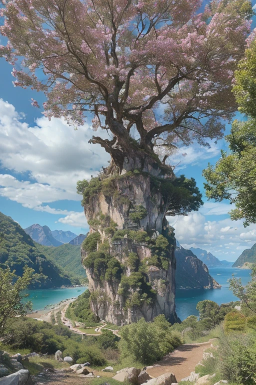 best quality, masterpiece, ultra high res, (photo realistic:1.4), a magnificent landscape with sky, mountains, and floating islands, by Bob Ross, with happy little clouds and trees, 8k