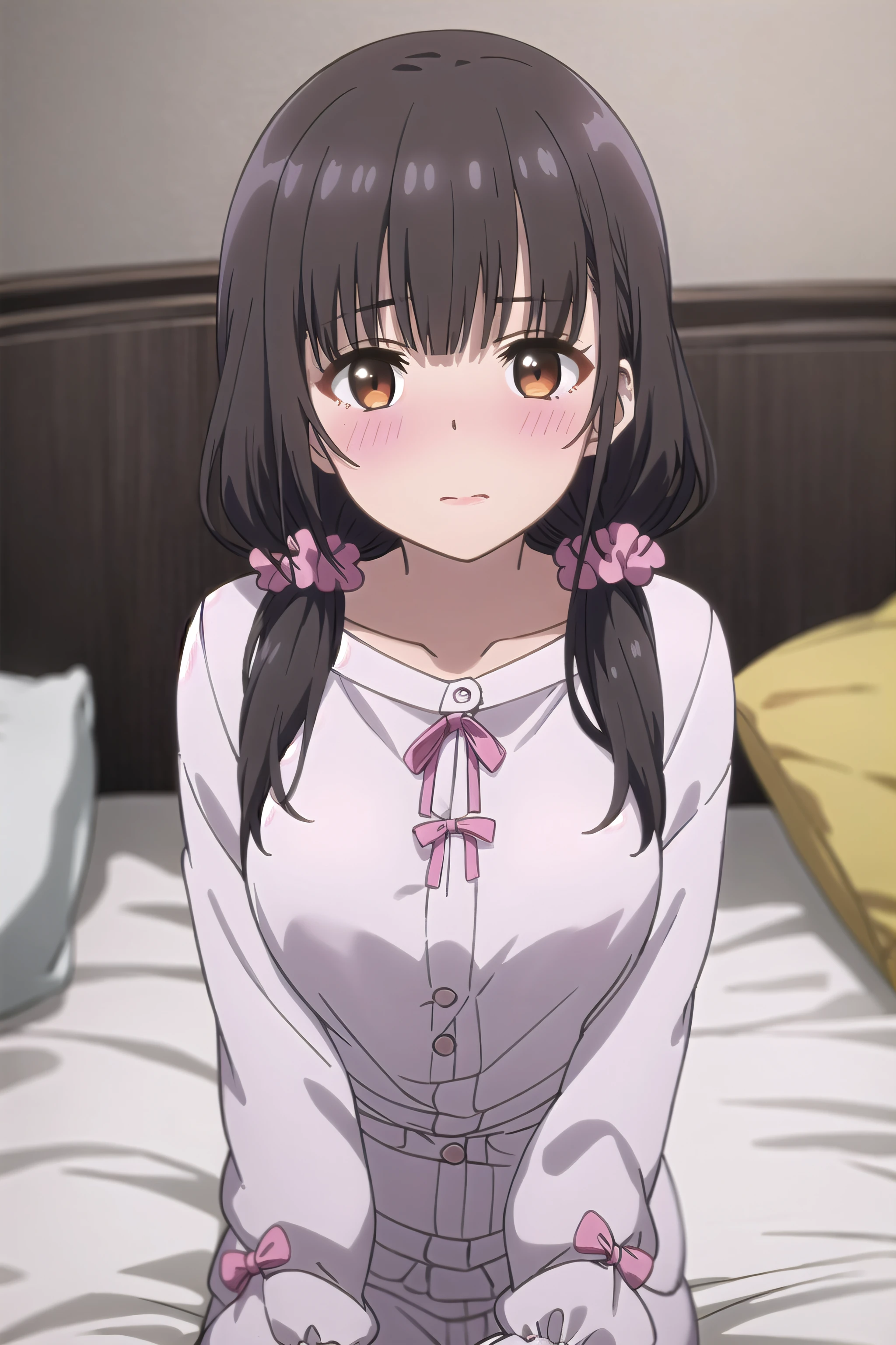 best quality, (masterpiece:1.2), highly detailed, on bed,
1girl, solo, <lora:chara_Mamahaha_IridoYume_v1:0.8>, irido yume,
looking at the viewer, closed mouth, blush, medium breasts,
brown eyes, dark brown hair, twintails, pink scrunchie, pajamas