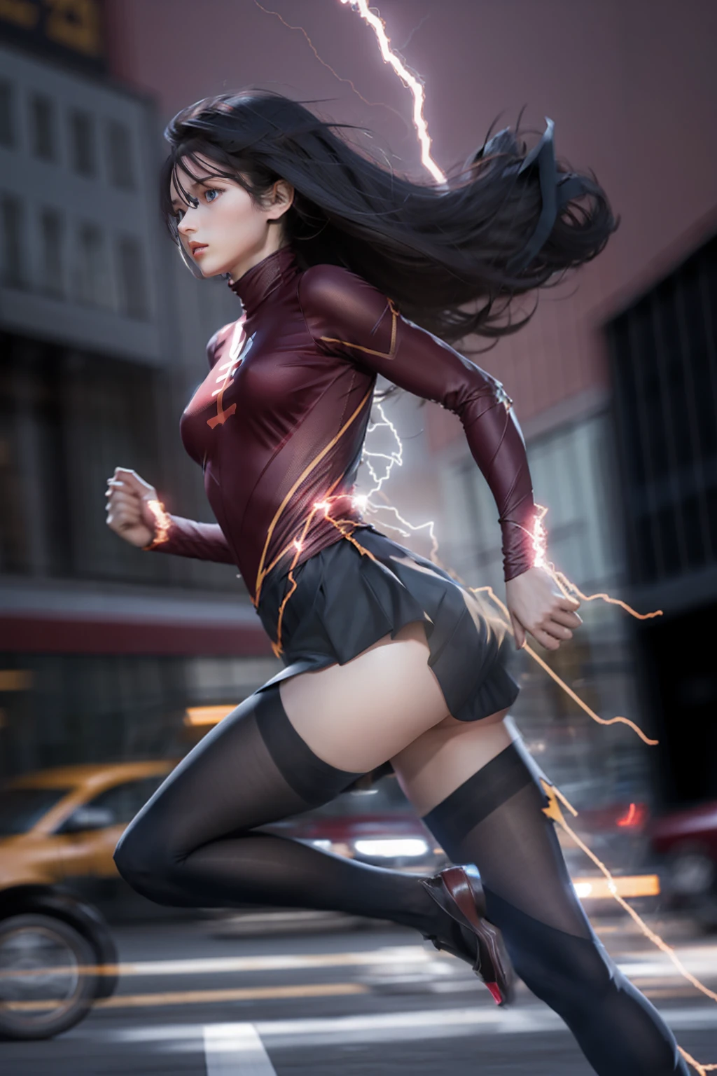 <lora:tohsakaRinFate_v10:0.8> 1girl, tohsaka rin, solo, untied hair, long hair, thighhighs, skirt, blue eyes, black thighhighs, black hair, running, from side,