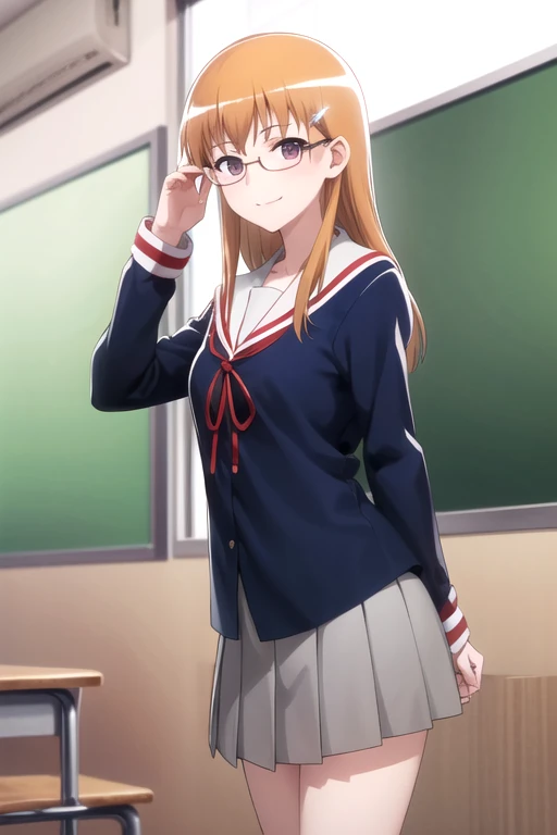 (extremely detailed CG unity 8k wallpaper), (masterpiece), (best quality), (ultra-detailed), (best illustration), (best shadow), (absurdres), 1girl, solo, looking at viewer, smile, <lora:benio-10:0.8>, yonomori benio, small breasts, hair clip, glasses, (serafuku, school uniform, gray skirt), standing, classroom, adjusting glasses