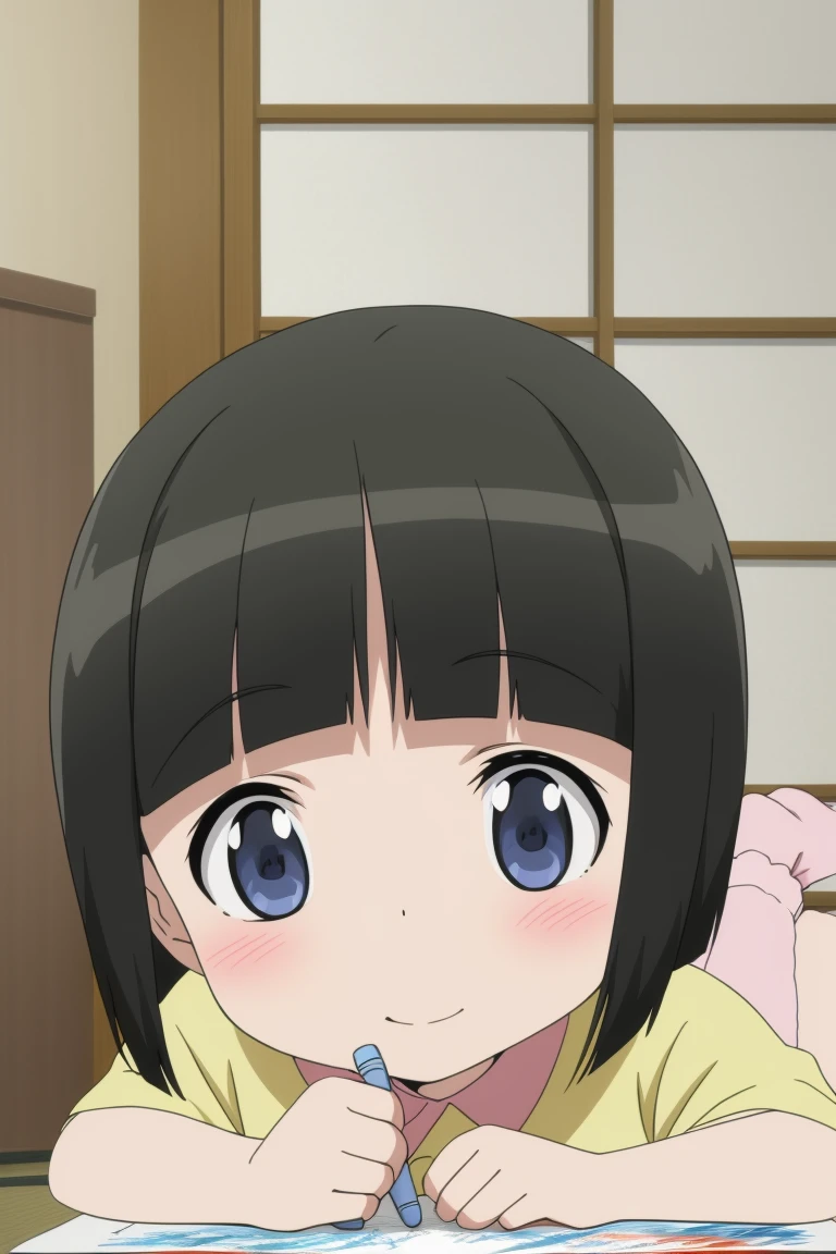 cute anime girl, black short bob hair, big expressive eyes, soft facial features, kawaii, cheerful smile, , pastel colors, high-quality, detailed, studio ghibli style"nsfw、under boob.cameltoe 、crotch grab、cum on body 、excessive cum 、sweat、fellatio gesture、girl trembling with sexual climax