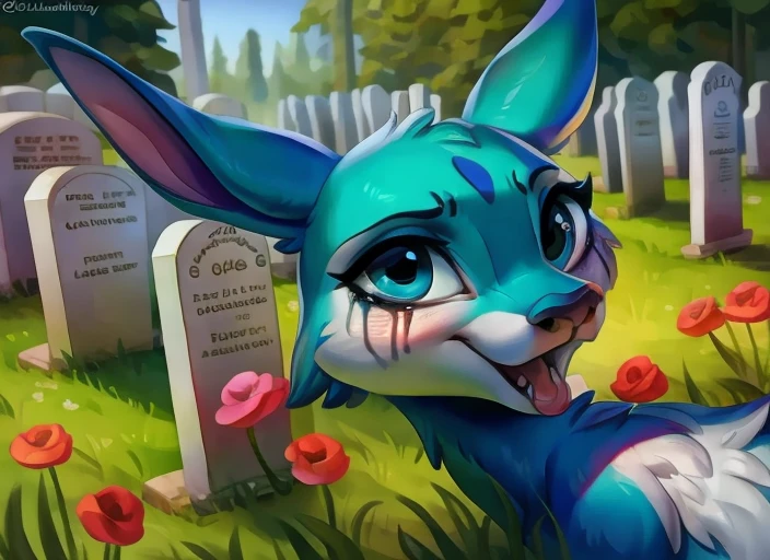 cervid, mammal, female, blue fur, white fur, countershading, young, feral, chibi, blue eyes, big eyes, selfie, looking at viewer, cemetery, tombstone, scut tail, realistic custom_embed, tears, mascara, running mascara, insincere, 5 fingers,
BREAK <|startoftext|> by lunalei, by fivel, by bonifasko, by leonid afremov