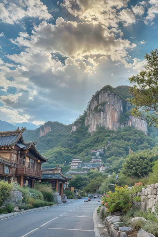 (photorealistic:1.4),8k,(masterpiece), best quality, highest quality, original,highres, unparalleled masterpiece, ultra realistic 8k, perfect artwork, nature light,(sky:1.2), road,mountain, mountain view, china, china garden,cloudy sky, cloud, sunlight,