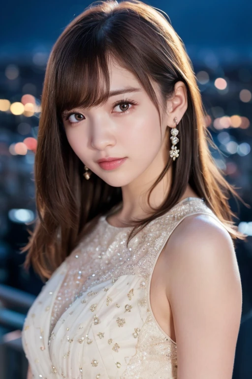 1girl wearing a glittery dress,(in Shibuya city center:1.5)(RAW photo, best quality), (realistic, photo-realistic:1.4), masterpiece, an extremely delicate and beautiful, extremely detailed, 2k wallpaper, Amazing, finely detail, extremely detailed CG unity 8k wallpaper, ultra-detailed, highres, soft light, beautiful detailed girl, extremely detailed eyes and face, beautiful detailed nose, beautiful detailed eyes,perfect anatomy,soft light,slender body,(city lights at night:1.7),(neon lights:1.2),(wide smile:1.2),(teeth visible:1.1)