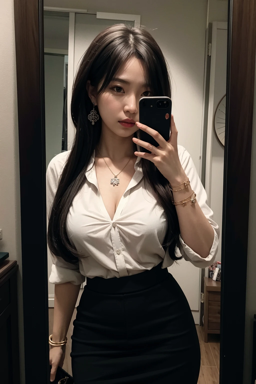 (((masterpiece, best quality, highres, raw photo))), 1 girl, dark brown blowout, large breasts, white shirt, pencil skirt, earrings, necklace, bracelet, selfie, looking at mirror, room,