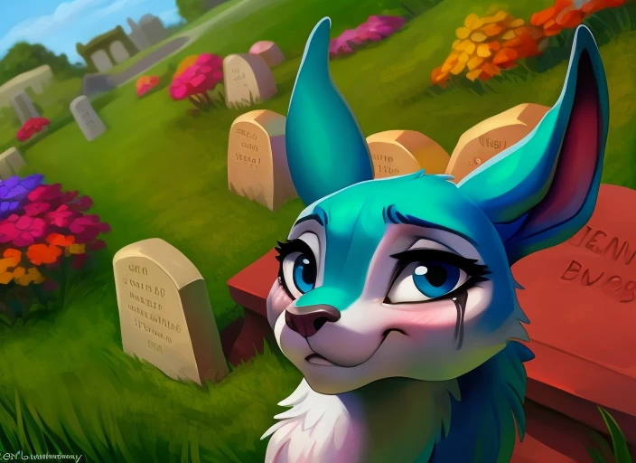 cervid, mammal, female, blue fur, white fur, countershading, young, feral, blue eyes, big eyes, selfie, looking at viewer, cemetery, tombstone, scut tail, realistic custom_embed, tears, mascara, running mascara, insincere,sad,
BREAK <|startoftext|> by lunalei, by fivel, by bonifasko, by leonid afremov