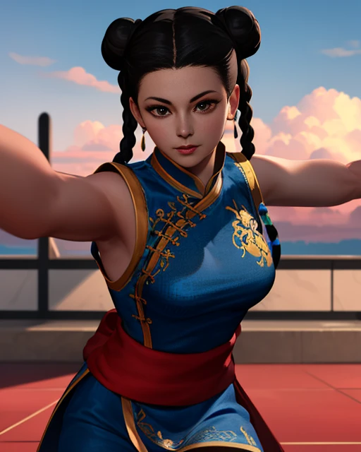PaiChan, twin braids with blue ribbons, brown eyes, double bun,black hair,standing, solo , upper body, fighting stance,
PaiAti,blue Chinese clothes, red sash, pants, sleevless,
marble floor, blue sky, cloudy, dusk,
(insanely detailed, beautiful detailed face, masterpiece, best quality) <lora:Pai-10v2:0.8>