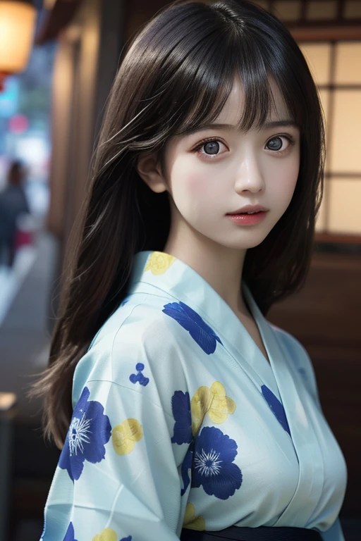 (best quality, masterpiece:1.2), (realistic:1.3), high resolution,(ultra-detailed background, detailed background), bokeh,(symmetrical clear eyes:1.3),an extremely cute and beautiful girl,highly detailed beautiful face and black eyes,beautiful hair,((colorful japanese yukata)),1girl, solo,dynamic angle,cowboy shot,<lora:yjk:0.8>