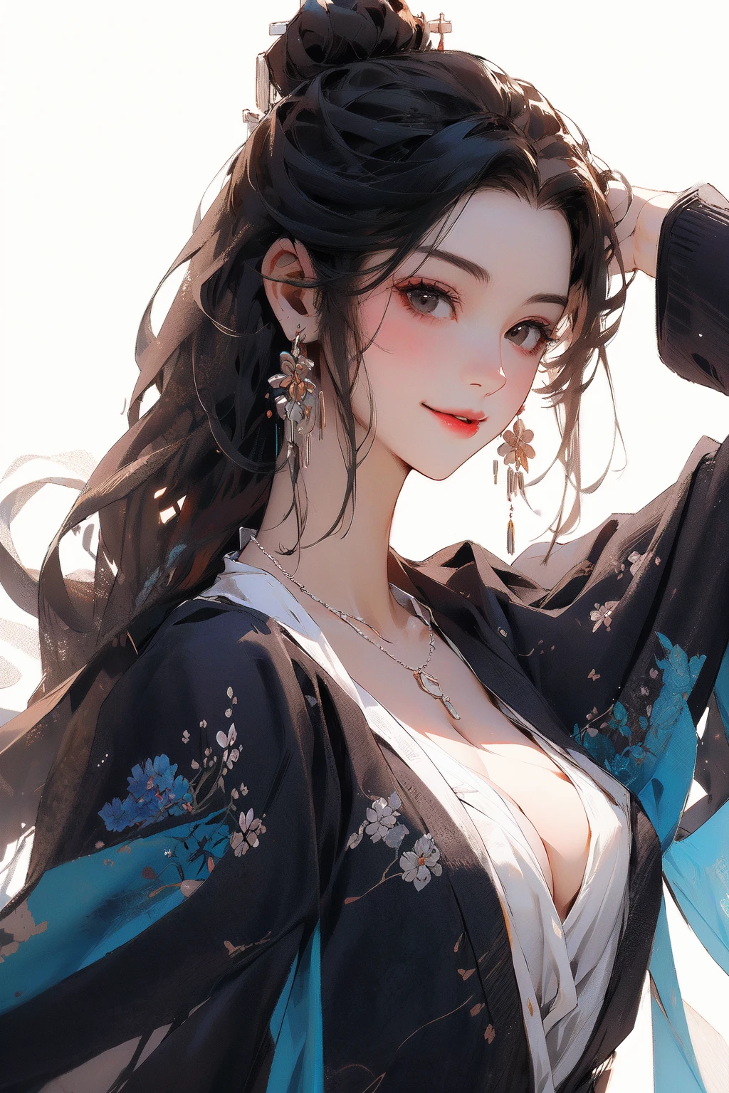 , masterpiece, best quality,
1girl, jewelry, solo, earrings, necklace, smile, black hair, breasts, cleavage, looking at viewer, white background, upper body, long hair, simple background, closed mouth, black eyes, medium breasts, chinese clothes, lips