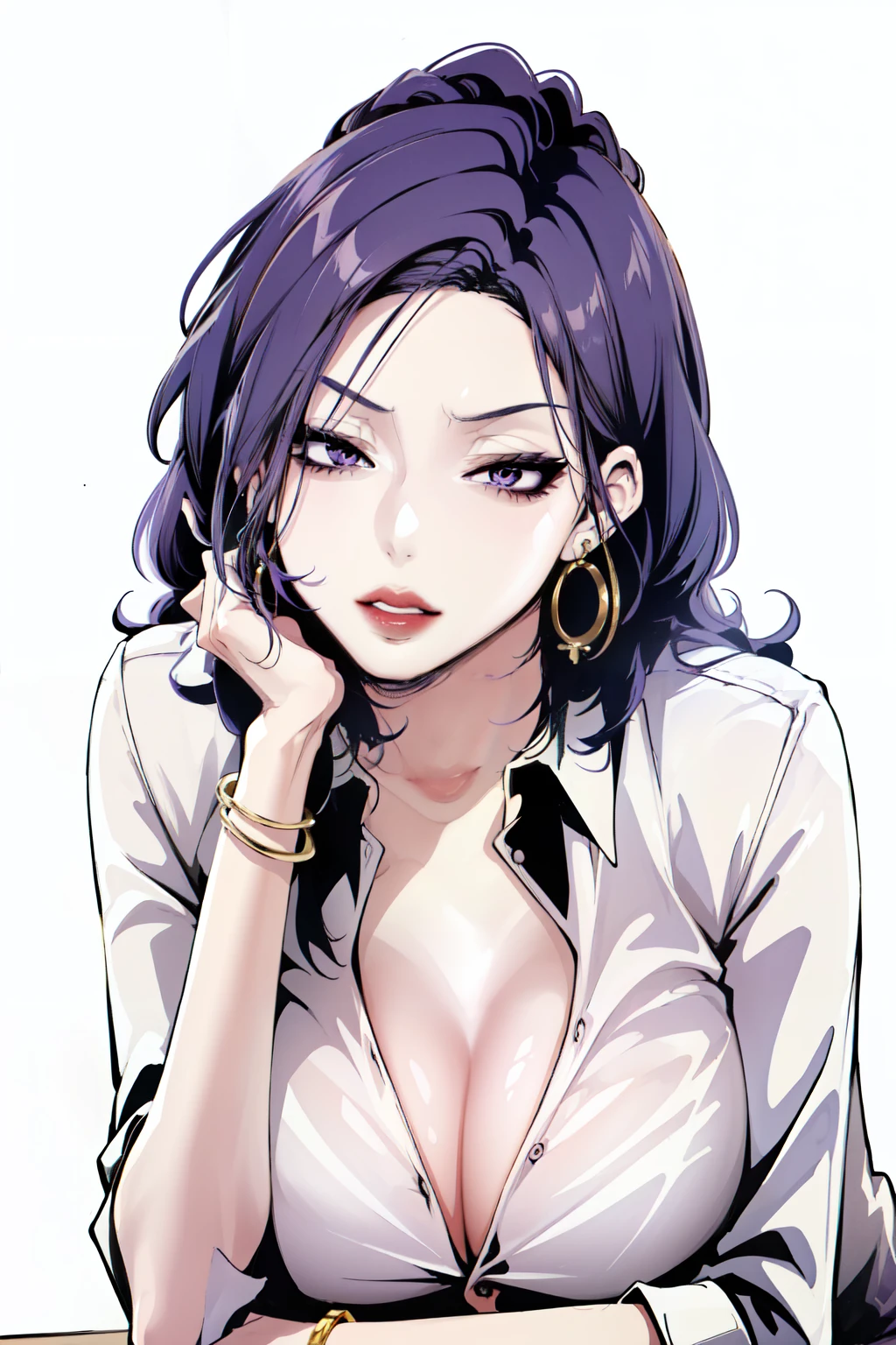 <lora:kim-10:1>Kim Mi-Jung, 1girl, breasts, jewelry, bracelet, solo, earrings, hoop earrings, cleavage, large breasts, looking at viewer, purple hair, makeup, purple eyes, lipstick, shirt, white background, head rest, simple background, lips, collared shirt