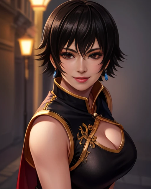 PaiChan,short shaggy hair, , brown eyes, black hair, solo , close up, upper body, standing, smiling,
PaiAti, (black clothes), red sash, black pants, sleeveless, cleavage, midriff,
night city streets,
(insanely detailed, beautiful detailed face, masterpiece, best quality) <lora:Pai-10v2:0.8> realistic,