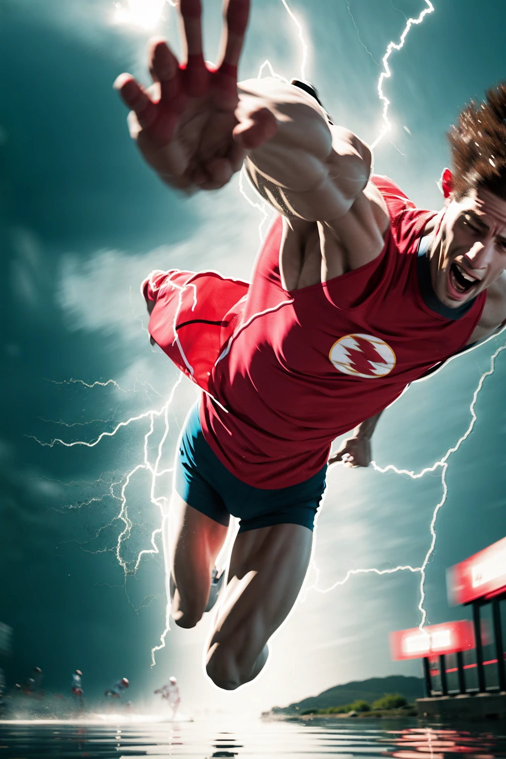 <lora:Superspeed_running-10:0.9>, superspeed, 1 man running on pond, running on water, lighting, motion blur, electricity (incoming), ((panic)),hand raised up, arm reaching out, Caucasian , looking at viewer