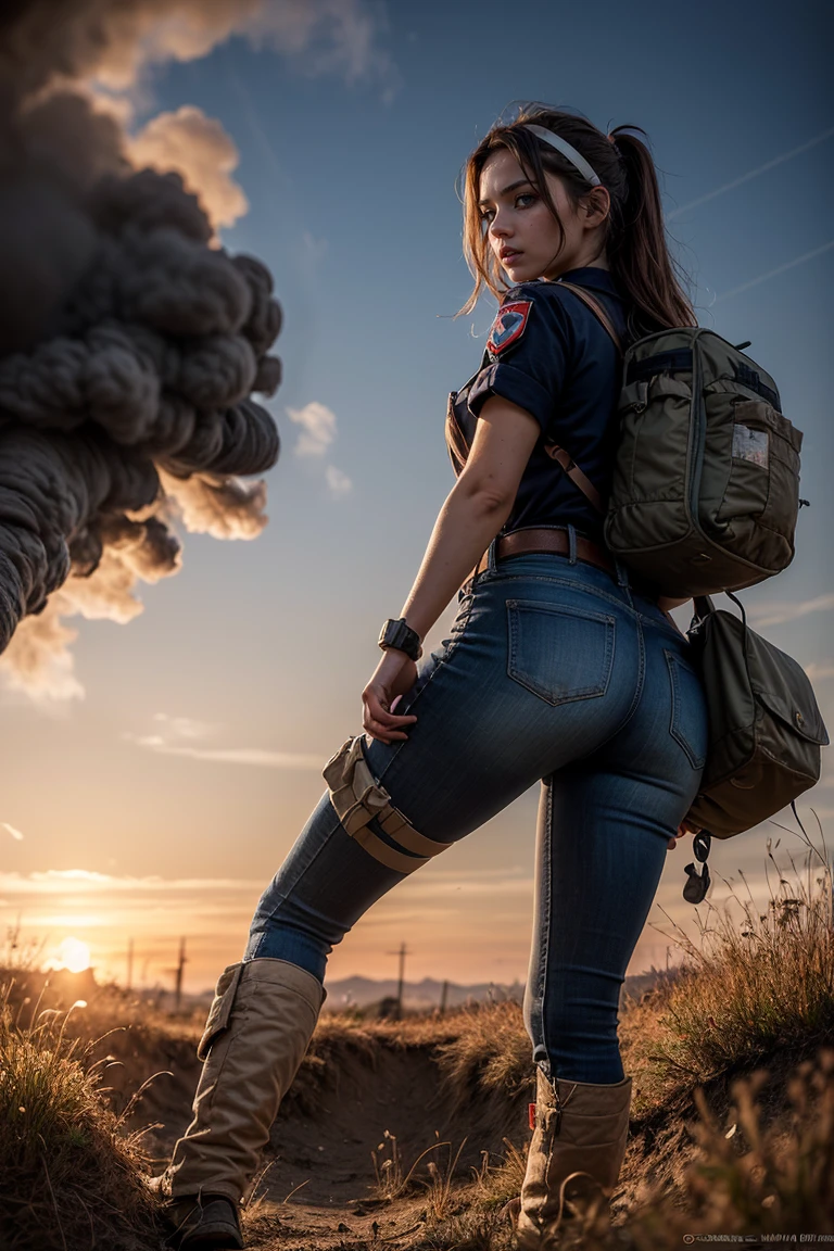 (best quality, photorealistic, masterpiece:1.3), 20 year old girl, cute and adorable, very long hair, (disheveled:1.3), round ass, solo, half shot, looking down, detailed background, detailed face, (<lyco:SteamPunkBundle2v:0.5>, CoalPunkAI, coal-powered theme:1.1), battlefield-medic, field-surgeon, exhausted, military medic uniform, headband, straps, red cross, medical bag, toruniquet, morphine, wound dressing, battlefield in background, intense action, dim sunlight, chaos, epic atmosphere,, higly detailed textures, intricate details, 21st century modern, <lora:add_detail:0.6>