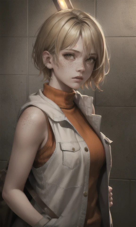 masterpiece, high-detailed:1.2, heathersh3, heather mason, silent hill 3, young adult, 1girl, posing on camera, short blond hair, (white vest with pockets and orange sweater under it), freckles:0.3 , portrait, character, brown eyes, bare shoulders, , rusty walls with blood background, grunge,<lora:HeatherMasonSH3:0.90>