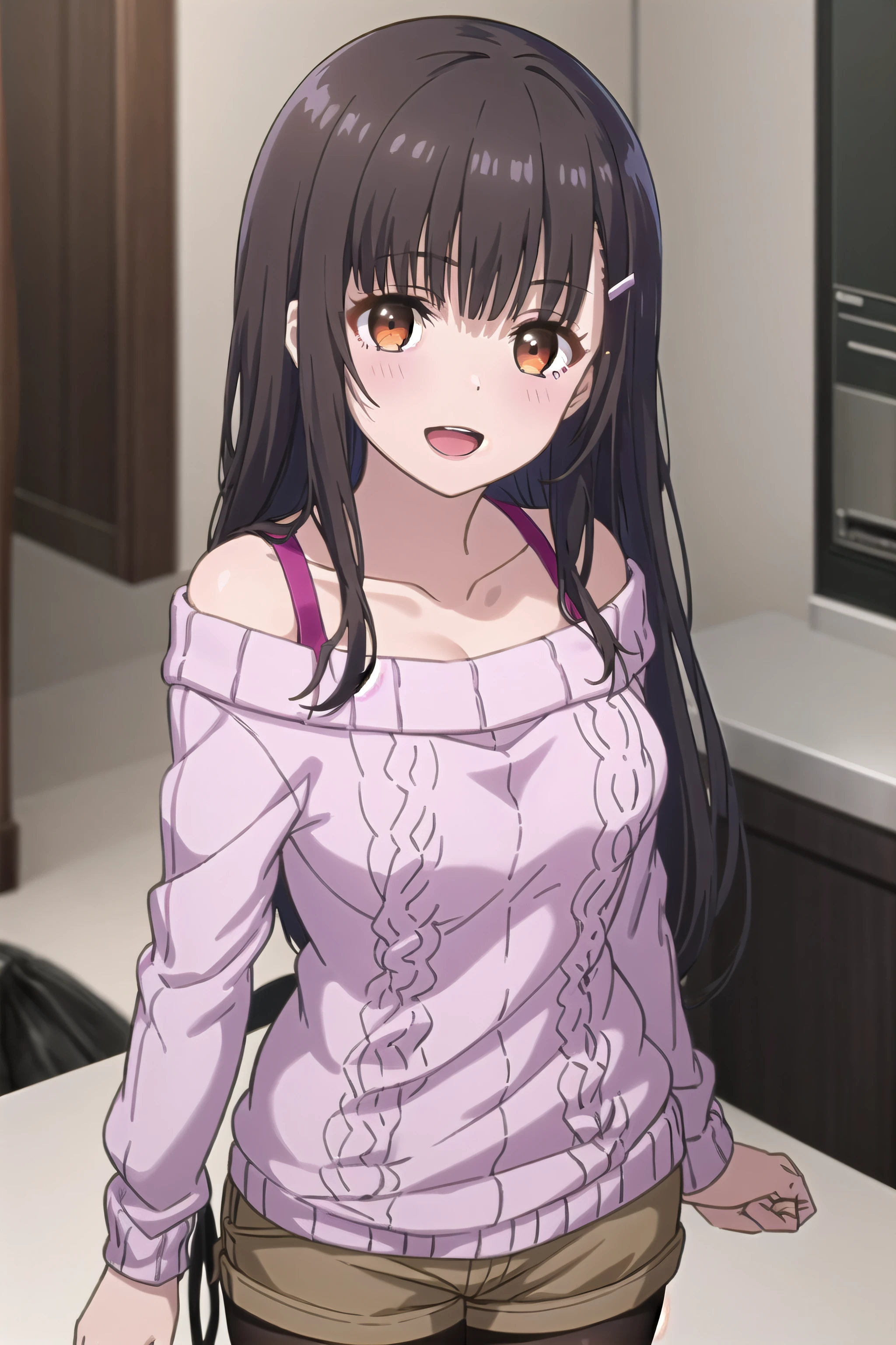 best quality, (masterpiece:1.2), highly detailed, indoors, standing,
1girl, solo, <lora:chara_Mamahaha_IridoYume_v1:0.8>,  irido yume, upper body,
looking at the viewer, open mouth, smile, medium breasts,
brown eyes, dark brown hair, long hair, haiorclip, pink sweater, off shoulder, black pantyhose, short shorts, brown shorts