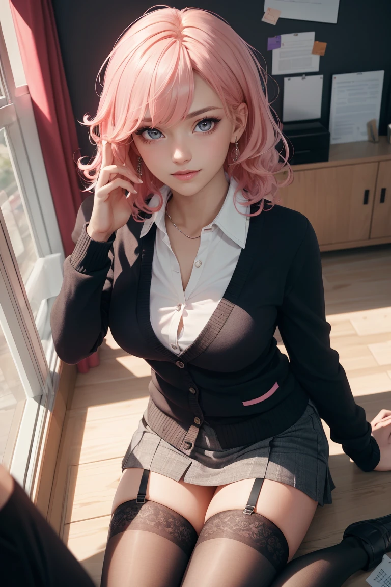 (RAW photo, best quality), (realistic, photo-realistic:1.3), masterpiece, an extremely delicate and beautiful, extremely detailed, CG, unity , 2k wallpaper, Amazing, finely detail, light smile, extremely detailed CG unity 8k wallpaper, huge filesize, ultra-detailed, highres, absurdres, soft light, (((medium hair:1.3), short bang, pink hair, floating hair novafrogstyle)), beautiful detailed girl, detailed fingers, extremely detailed eyes and face, beautiful detailed nose, beautiful detailed eyes, long eyelashes, light on face, looking at viewer, (closed mouth:1.2), 1girl, cute, young, mature face, (full body:1.3), ((small breasts)), realistic face, realistic body, beautiful detailed thigh, business suit, cross-laced clothes, collared shirt, in office, detailed office, open cardigan, black thighhighs, miniskirt, black underwear, unbuttoned shirt,