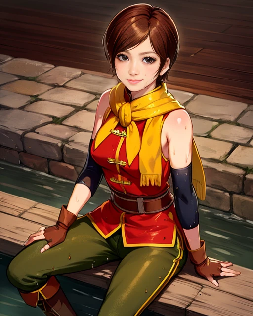 Eileen, brown hair, standing, smiling, cute expression, wet, sitting, close up, small breasts,
EilAtt, fingerless gloves, boots, yellow scarf, polka dot Chinese top, elbow pads, ribbon, belt, black pants,
dirty water, wooden arena, stone ruins,
(insanely detailed, beautiful detailed face, masterpiece, best quality) realistic, <lora:Eileen:0.7>