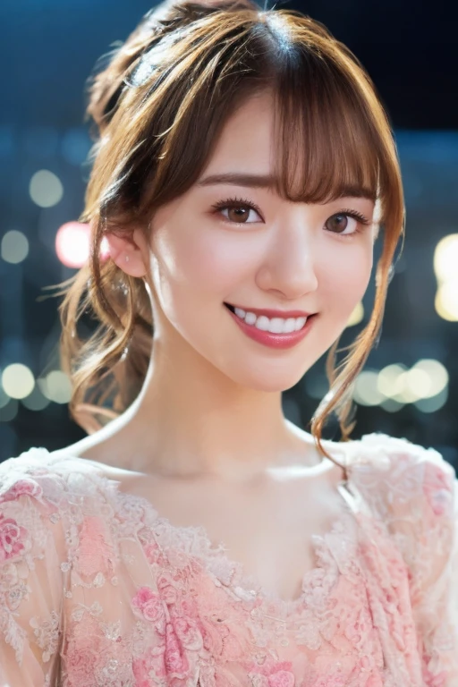 1girl wearing a glittery dress,(in Shibuya city center:1.5)(RAW photo, best quality), (realistic, photo-realistic:1.4), masterpiece, an extremely delicate and beautiful, extremely detailed, 2k wallpaper, Amazing, finely detail, extremely detailed CG unity 8k wallpaper, ultra-detailed, highres, soft light, beautiful detailed girl, extremely detailed eyes and face, beautiful detailed nose, beautiful detailed eyes,perfect anatomy,soft light,slender body,(city lights at night:1.7),(neon lights:1.2),(wide smile:1.2),(teeth visible:1.1)