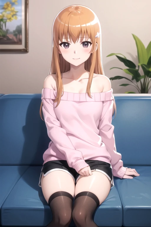 (extremely detailed CG unity 8k wallpaper), (masterpiece), (best quality), (ultra-detailed), (best illustration), (best shadow), (absurdres), 1girl, solo, looking at viewer, smile, <lora:benio-10:0.8>, yonomori benio, small breasts, hair clip, (off shoulder sweater, pink sweater, striped sweater, bra strap, collarbone), short shorts, black kneehighs, sitting, couch