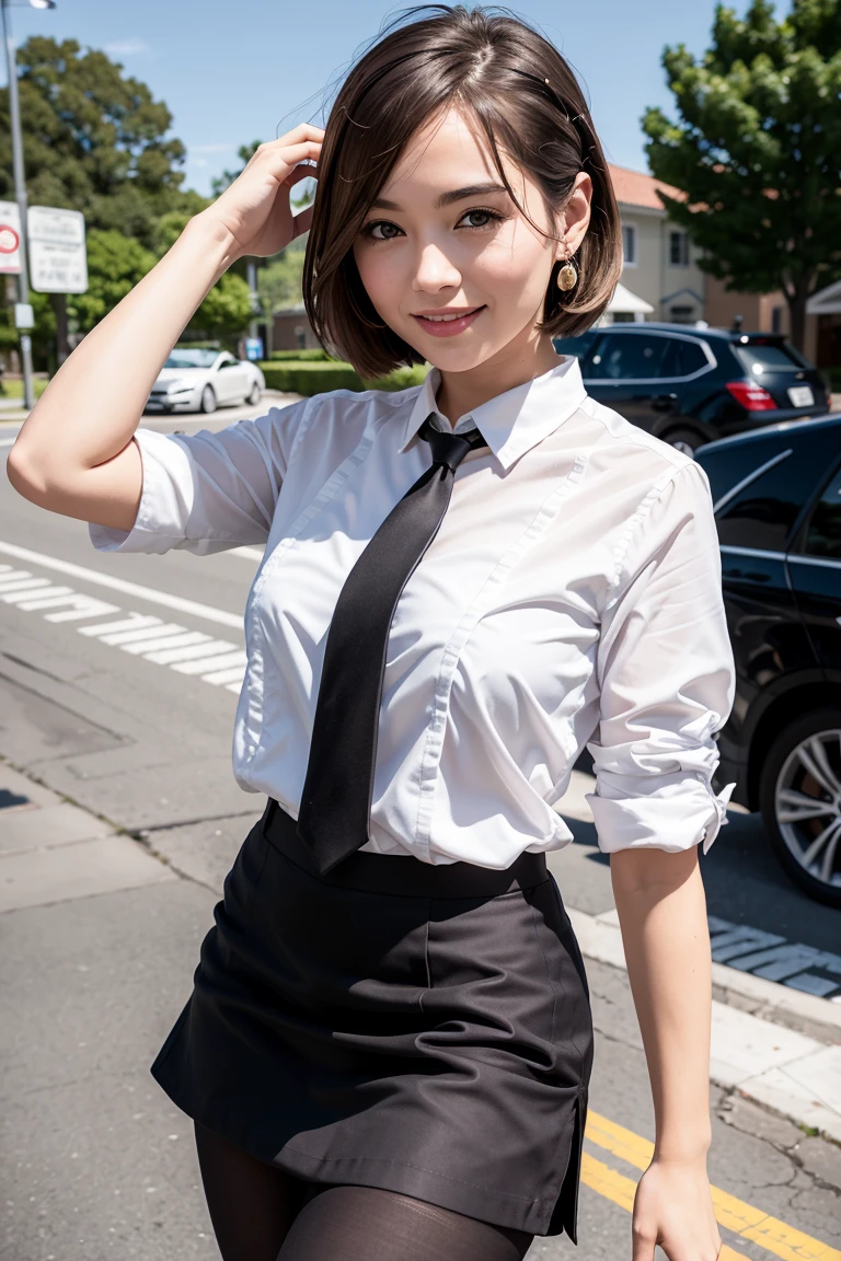 (8k, best quality, masterpiece:1.2), (realistic, photo-realistic:1.37), ultra-detailed, 1 girl, full body, outdoors, (adjusting hair:1.5) office lady, black officeblazer, officeskirt, (pantyhose:1.2), (short buttoneddownshirt:1.2), buttonedupcollarprim, buttoneddowncollarprim, bra, (pantyhose:1.2), alphalayers, highheels, beautiful earrings, cute, solo, beautiful detailed sky, (smile:1.15), (closed mouth), small breasts, beautiful detailed eyes, business attire, (short hair:1.2), floating hair