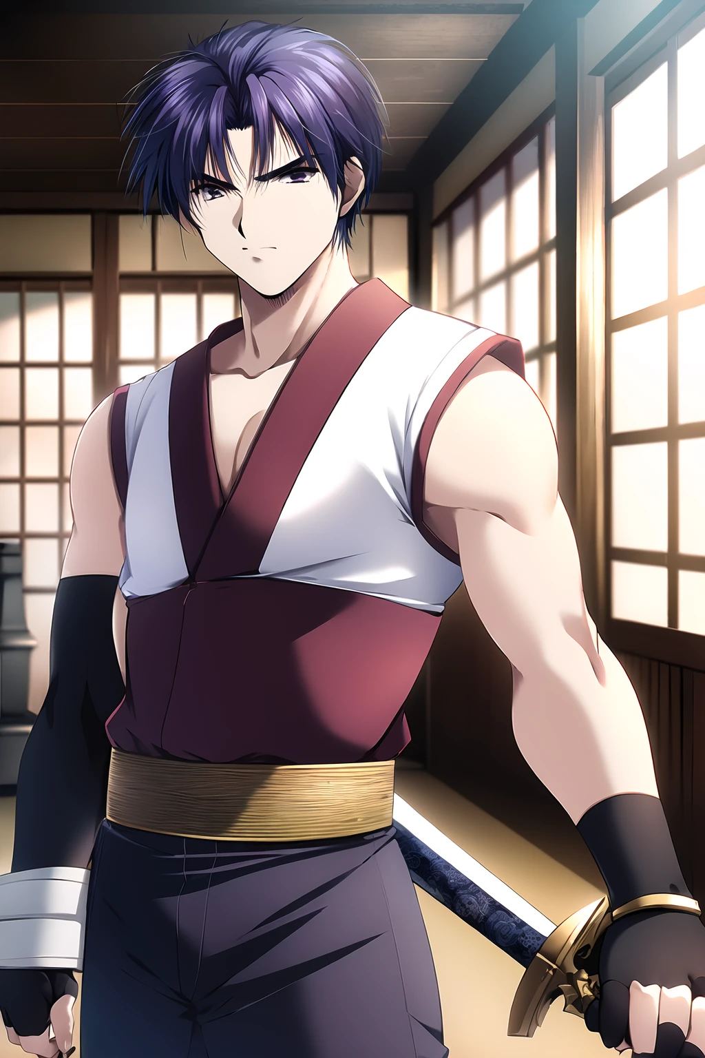 ((masterpiece, high quality, best quality)),
1boy, male focus, weapon, sword, gloves, blue hair, fingerless gloves, open clothes, purple hair, japanese clothes,
<lora:kazue-style_v1.1:1.0>