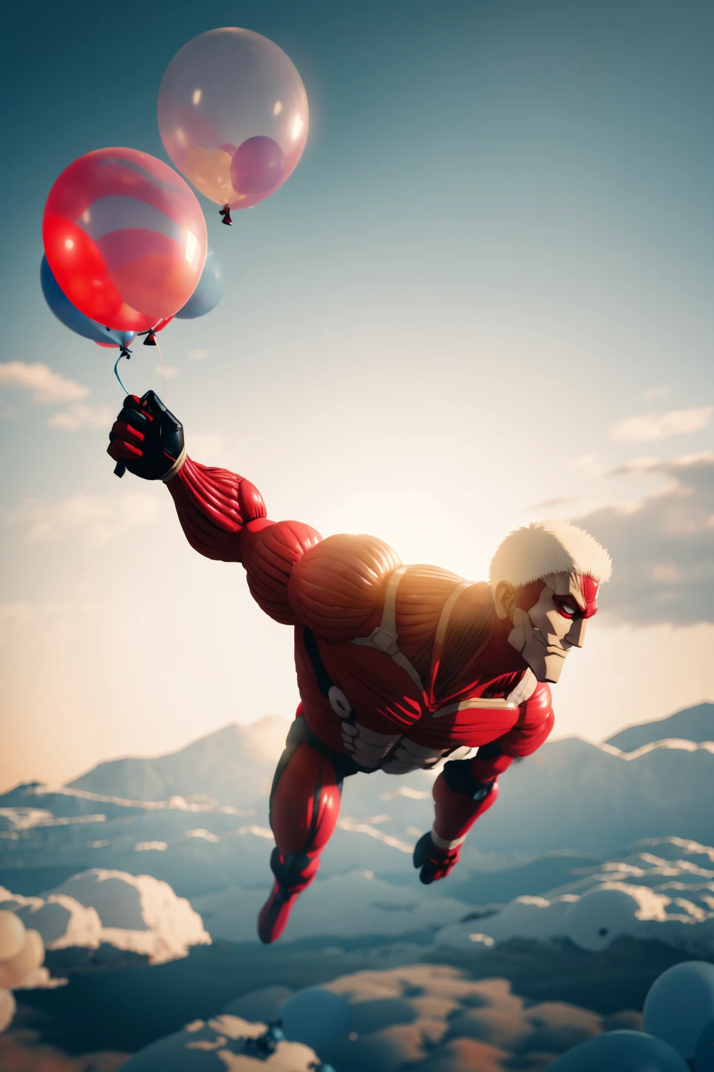 <lora:Fly-10:0.9>, fly, solo, 1boy, floating, holding balloons, ((lots of balloons)), <lora:AttackTitan-10:0.8> armored_titan