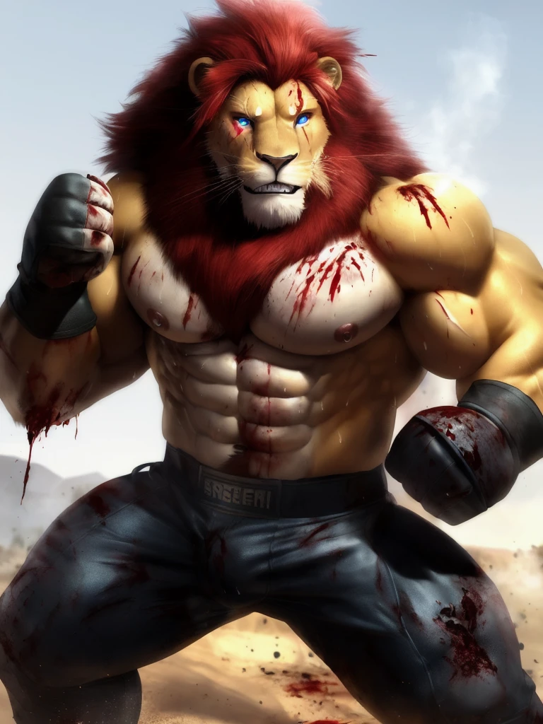 big muscles, male, lion, cgi,realism, (fighting pose:1.2), eye glow, sweat, dirt, nipple, red hair, (blood splatter:1.2), blue eye, teeth, (steam:1.0), bruises, scar, smile, glove fists,