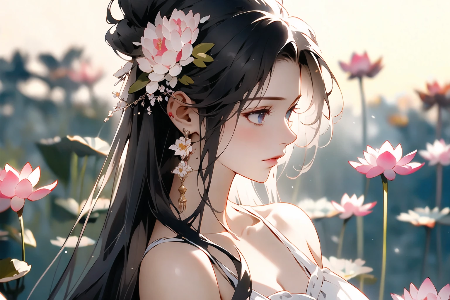 masterpiece,(masterpiece, top quality, best quality),1girl, long hair, flower, black hair, lotus, solo, hair ornament, dress, bare shoulders, very long hair, upper body