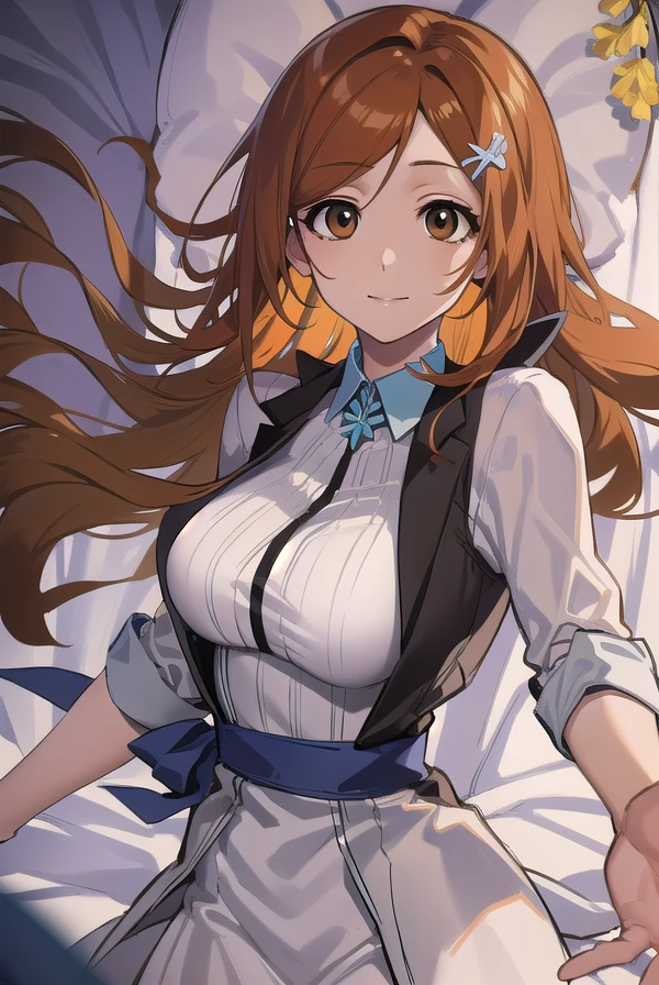inoueorihime, <lora:inoueorihime-000051:1>, inoue orihime, orange, hair, long hair, (brown eyes:1.5), hairpin, smile, (medium breast:1.2), BREAK looking at viewer, BREAK school uniform BREAK indoors, bed, bedroom, BREAK <lora:GoodHands-vanilla:1>, (masterpiece:1.2), best quality, high resolution, unity 8k wallpaper, (illustration:0.8), (beautiful detailed eyes:1.6), extremely detailed face, perfect lighting, extremely detailed CG, (perfect hands, perfect anatomy),
