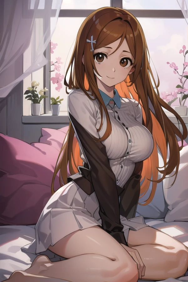 inoueorihime, <lora:inoueorihime-000051:1>, inoue orihime, orange, hair, long hair, (brown eyes:1.5), hairpin, smile, (medium breast:1.2), BREAK looking at viewer, BREAK school uniform BREAK indoors, bed, bedroom, BREAK <lora:GoodHands-vanilla:1>, (masterpiece:1.2), best quality, high resolution, unity 8k wallpaper, (illustration:0.8), (beautiful detailed eyes:1.6), extremely detailed face, perfect lighting, extremely detailed CG, (perfect hands, perfect anatomy),