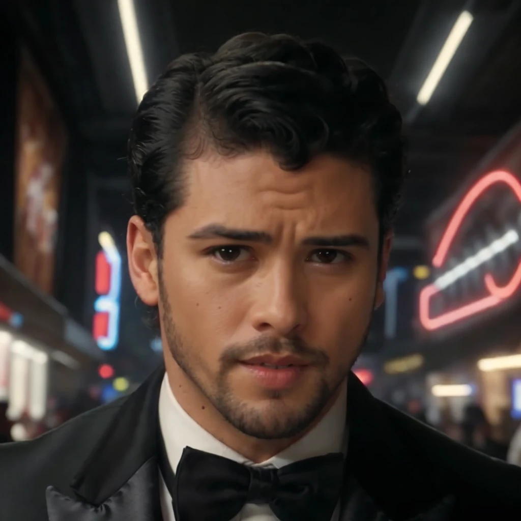 face portrait of andresmercado person using a tuxedo, in blade runner, professional photography, high resolution, 4k, 8k, uhd, hdr, intricate details, detailed photo, <lora:andresmercado_12305:1>
