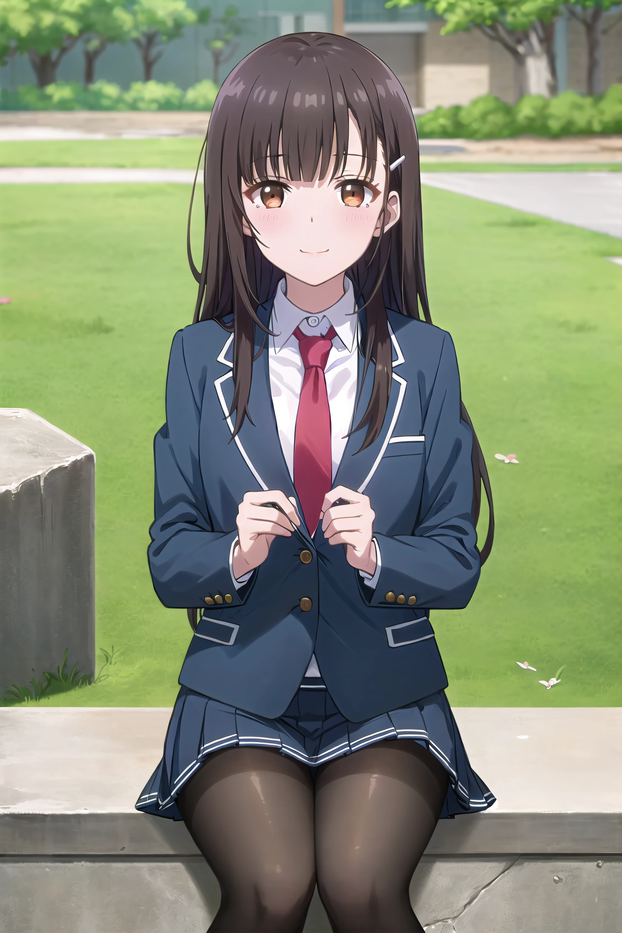 best quality, (masterpiece:1.2), highly detailed, school, outdoors,
1girl, solo, <lora:chara_Mamahaha_IridoYume_v1:0.8>,  irido yume, 
looking at the viewer, closed mouth, slight smile, 
brown eyes, dark brown hair, long hair, hairclip, school uniform, dark blue skirt, white shirt, blue jacket, red necktie, black pantyhose