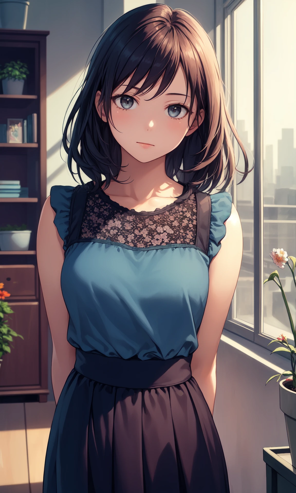 (masterpiece, best quality:1.2),
1girl, solo, standing, upper body, arms behind back,
looking at viewer,
indoors, room, flower pot,