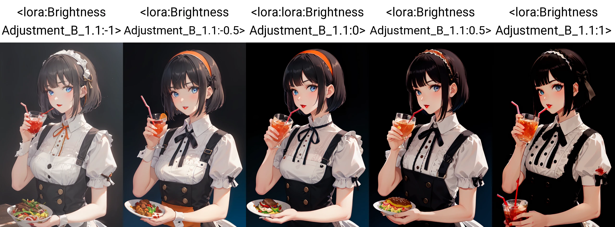 (masterpiece, best quality), intricate details, 8k, artstation, wallpaper, sharp focus,1girl, solo, black hair, short hair, blue eyes, bangs, ribbon, puffy short sleeves, looking at viewer, food, orange ribbon, blood, upper body, apron, bob cut, orange hairband, blue background, dress, parted lips, red lips, brown bow, neck ribbon, blunt bangs, holding cup, two-tone background, drinking straw, collared shirt, fix,good hands,cute,whole body, <lora:Brightness Adjustment_B_1.1:-1>,