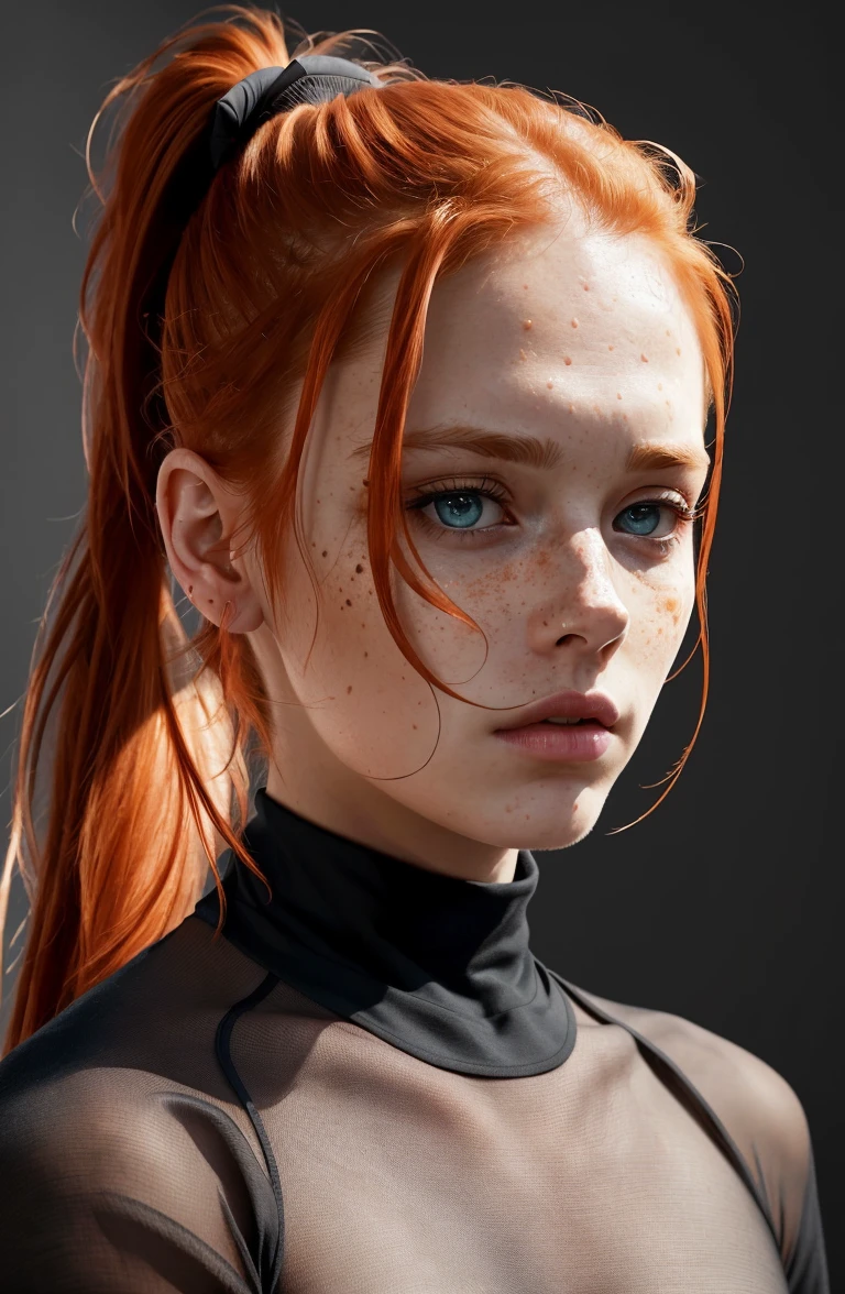 (8k, RAW photo, highest quality),(epic realistic:1.5), a girl, dynamic posture,erotic face,shirt,(detailed eyes:0.8),(looking at the camera:1.4), (highest quality), (best shadow),intricate details,cinematic,((skin:1.4)),interior, (long ponytail ginger hair:1.3),dark studio,(hdr:1.5),detailed, muted colors, freckles