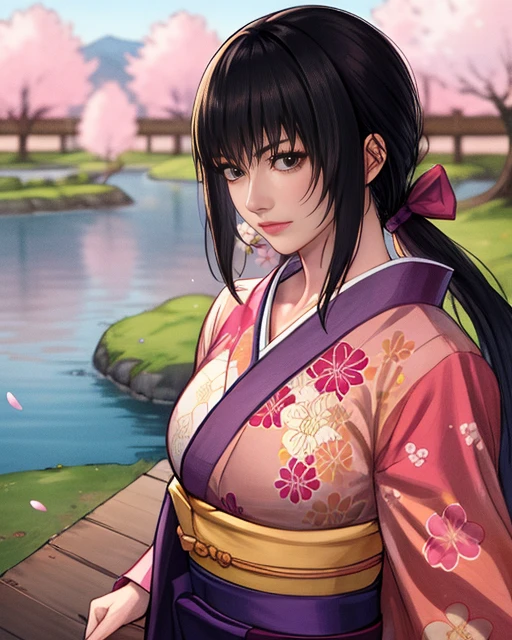 Aoi, black hair, bangs, low ponytail, black eyes, solo, standing, arms down, upper body,
AoAtt, red kimono with floral print, purple hakama, yellow rope belt, tabi, sandals,
arena in middle of lake, cherry blossoms, Japanese buildings,
(insanely detailed, beautiful detailed face, masterpiece, best quality) realistic, <lora:Aoi:0.7>
