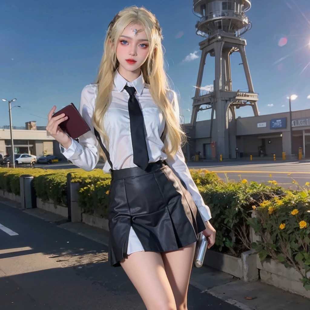 face lighting,bright backlight,medium breasts,super high resolution,best quality,Photos,4k,(Realistic:1.2),qx,girl,
college student,
beautiful face,
long hair,
bright smile,
(clear skin:1.2),
slender figure,
(hourglass body shape:1.3),
stylish outfit,
mini skirt,
high heels,
(frilly ankle socks:0.8),
backpack,
holding a book,
university campus,
lush greenery,
blooming flowers,
sunny day,
blue sky,
lens flare,
<lora:qx_20230623194429:0.8>,