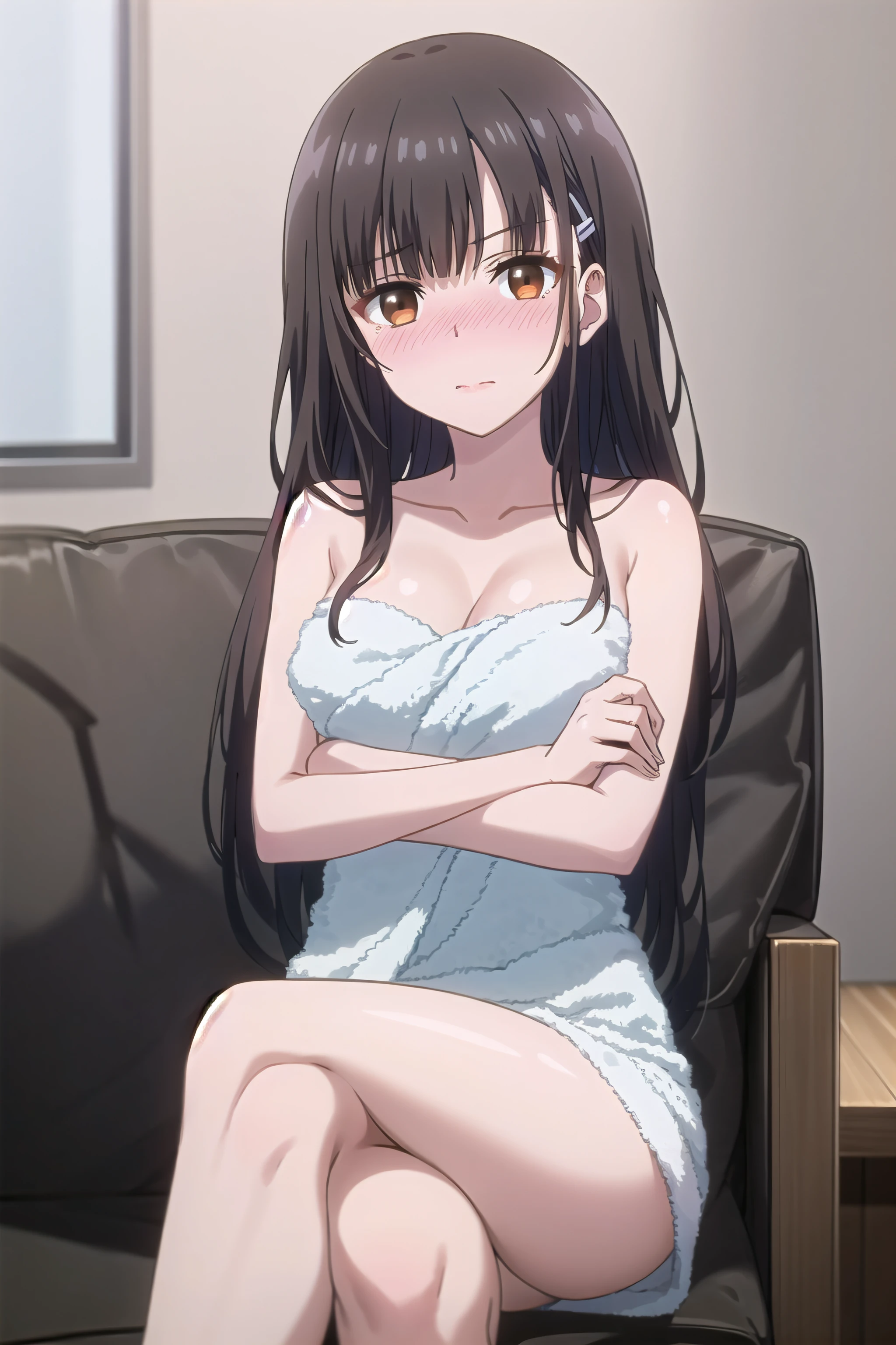 best quality, (masterpiece:1.2), highly detailed, indoors, sitting, couch,
1girl, solo, <lora:chara_Mamahaha_IridoYume_v1:0.8>,  irido yume, 
looking at the viewer, closed mouth, nose blush, medium breasts, crossed legs, crossed arms,
brown eyes, dark brown hair, long hair, towel