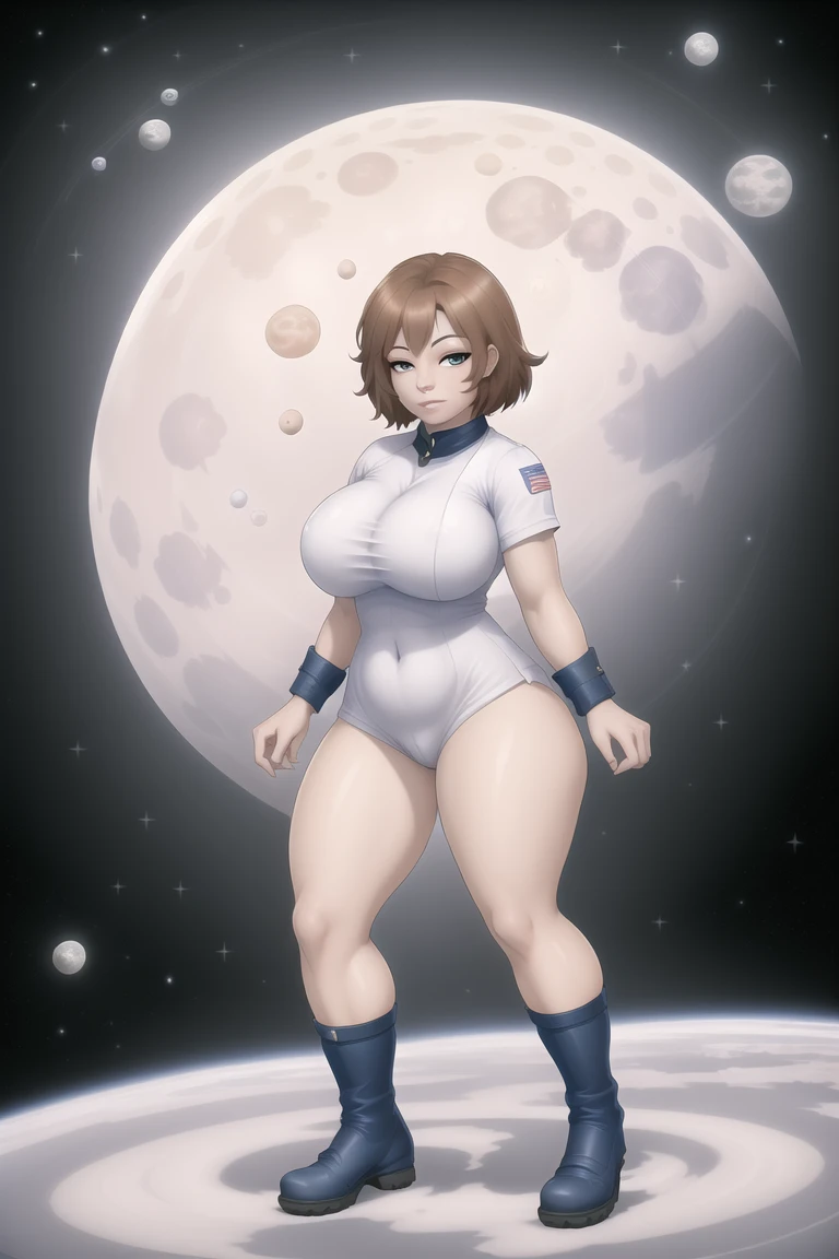 woman, upper torso, space station, moon, stars, planets, nurse, human,
