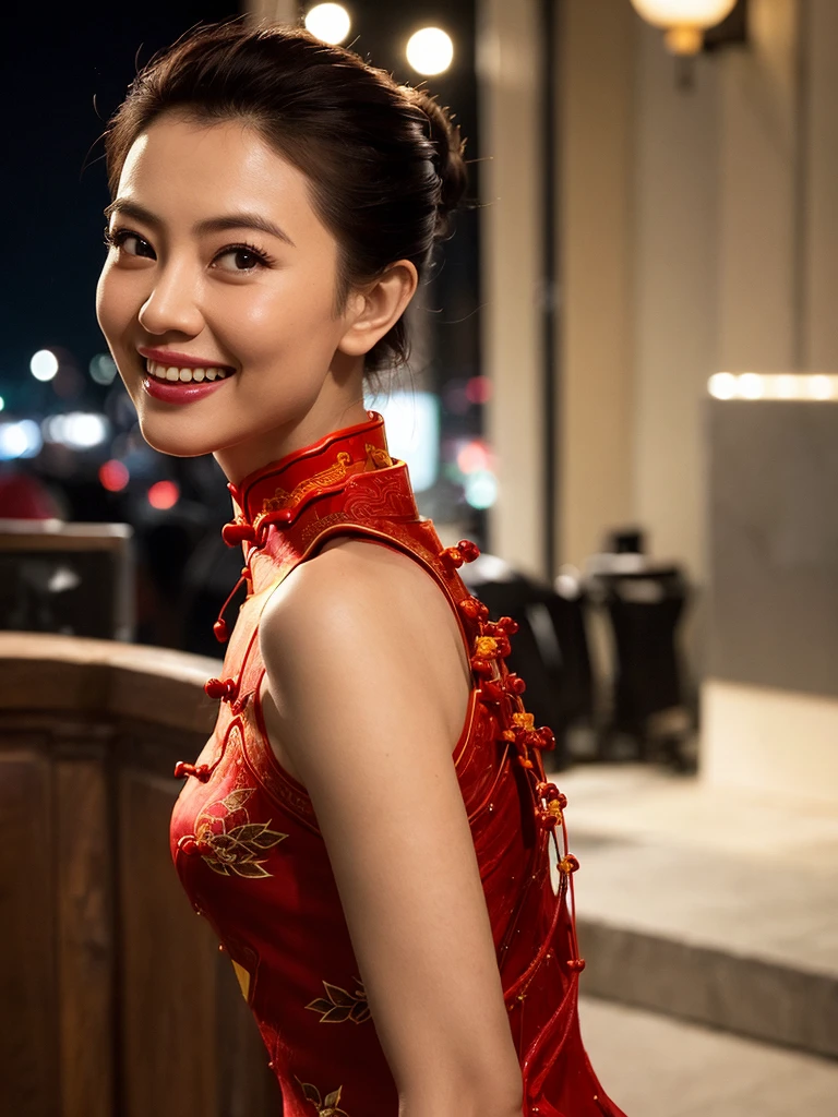 1girl,(wearing  cheongsam:1.4), hair bun,(RAW photo, best quality), (realistic, photo-realistic:1.4), masterpiece, an extremely delicate and beautiful, extremely detailed, 2k wallpaper, Amazing, finely detail, extremely detailed CG unity 8k wallpaper, ultra-detailed, highres, soft light, beautiful detailed girl, extremely detailed eyes and face, beautiful detailed nose, beautiful detailed eyes,cinematic lighting,city lights at night,perfect anatomy,slender body,smiling<lora:Gaoyuanyuan_v12:0.8>