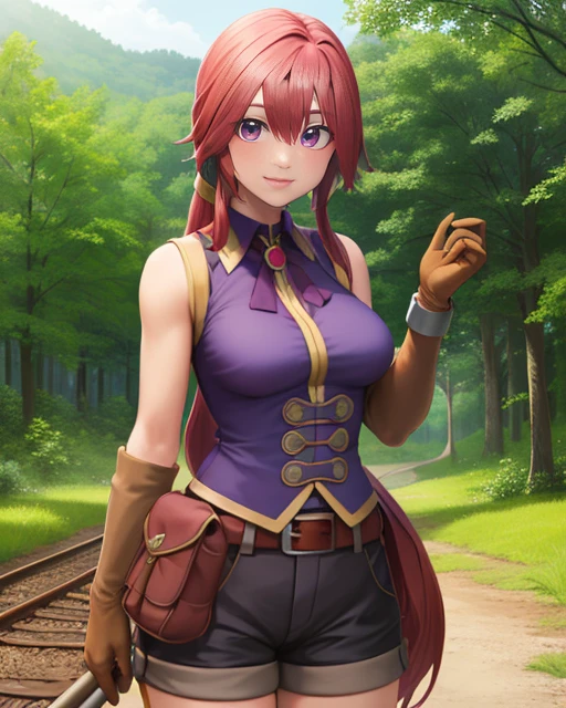 Monica,red low-tied long hair, solo, upper body, smiling,
MoniGe,brown gloves,shorts,pouch,sleeveless,belt,jewlery,purple shirt,
train station, forest,
(insanely detailed, beautiful detailed face, masterpiece, beautiful detailed eyes, best quality) <lora:Monica:0.7>
