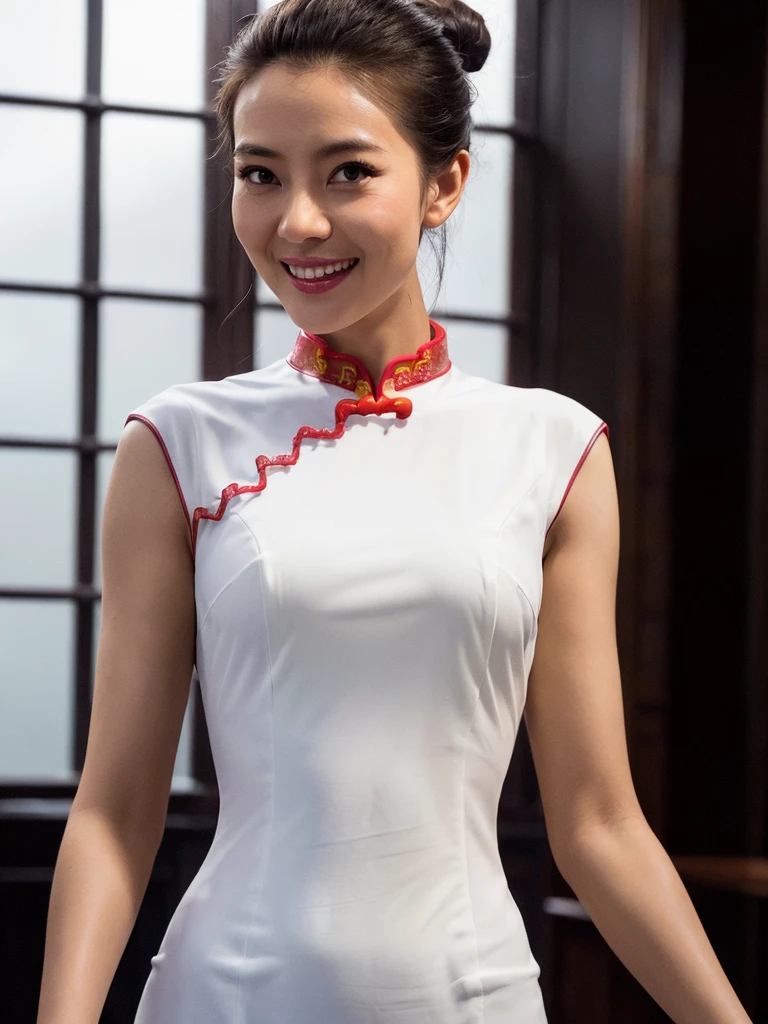 1girl,(wearing  cheongsam:1.4), hair bun,(RAW photo, best quality), (realistic, photo-realistic:1.4), masterpiece, an extremely delicate and beautiful, extremely detailed, 2k wallpaper, Amazing, finely detail, extremely detailed CG unity 8k wallpaper, ultra-detailed, highres, soft light, beautiful detailed girl, extremely detailed eyes and face, beautiful detailed nose, beautiful detailed eyes,cinematic lighting,city lights at night,perfect anatomy,slender body,smiling<lora:Gaoyuanyuan_v12:0.8>