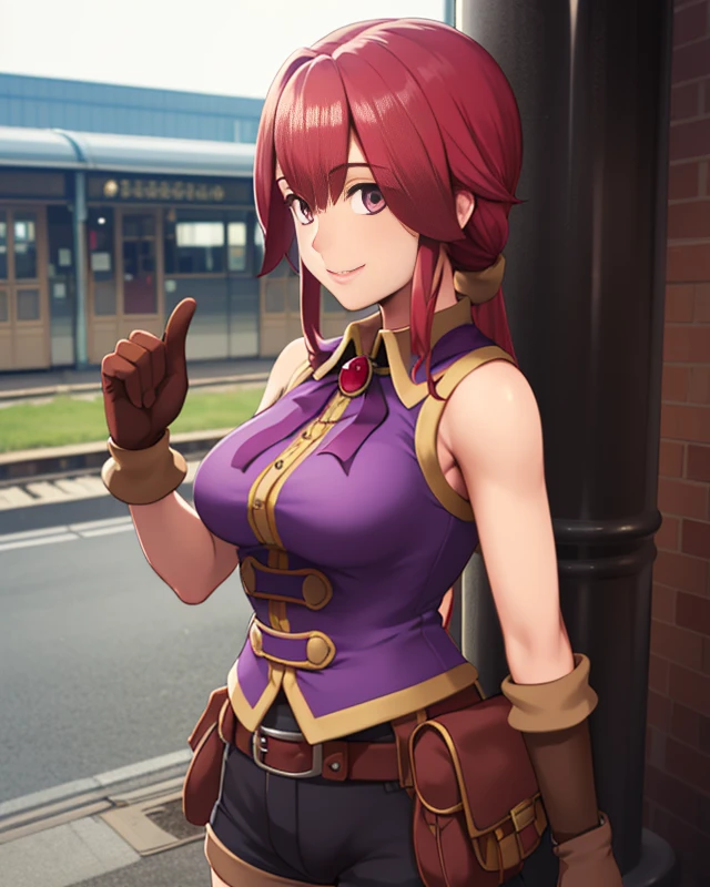 Monica,red low-tied long hair, solo, standing, upper body, smiling, 
MoniGe,brown gloves,shorts,pouch,sleeveless,belt,jewlery,purple shirt, 
train station, 
 (insanely detailed, beautiful detailed face,  masterpiece, beautiful detailed  eyes, best quality)      <lora:Monica:0.7>