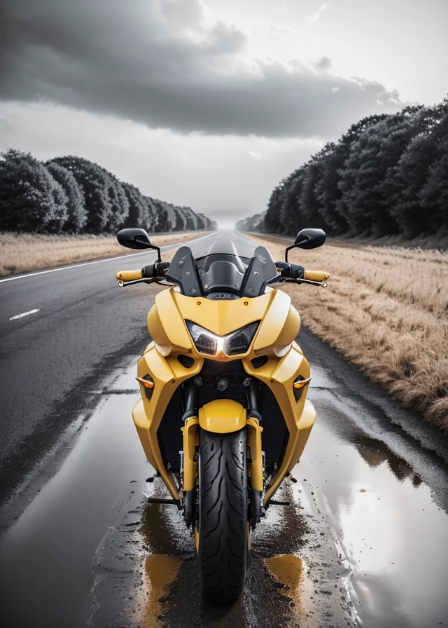 RAW, (masterpiece:1.1), science fiction, (hypermodern yellow matte bike:1.1) <lyco:BikeMaker:0.35>, (minimalist boxy design style:1.1),( front view:1.2), village road, summer fields, trees, water puddles on road, dark evening, after rain, sunset, clouds, mist, rusty dusty, dramatic
realistic, 8k uhd, dslr, cinematic lighting, high quality, film grain, Fujifilm XT3