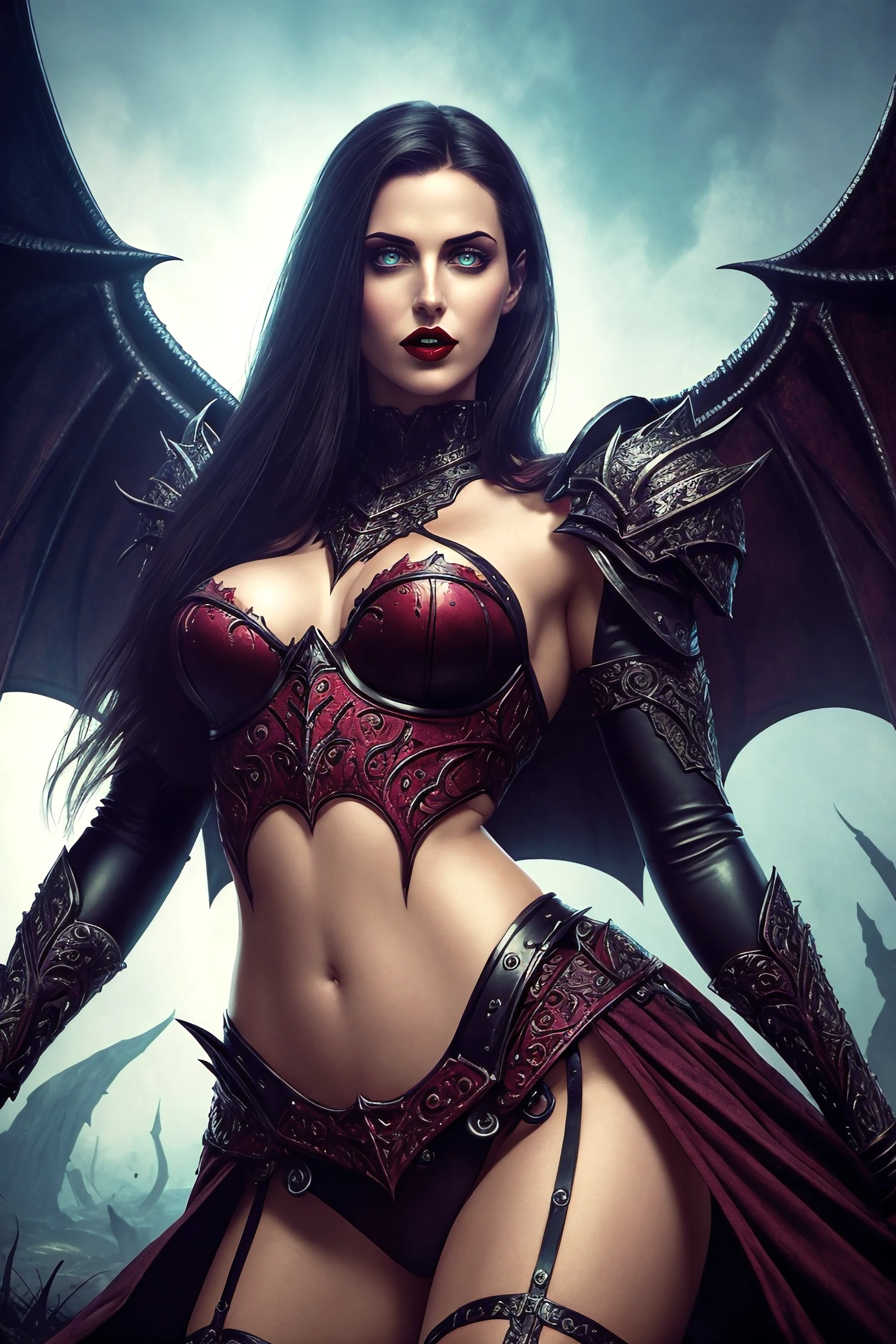 Generate [death metal] [album cover] ((best quality)), ((masterpiece)),  [erotic science fiction] image in [luis royo] and [frank frazetta] [80's] [comics style], [nsfw] with [detailed linework], [dynamic shading] and [backlight] about [demonic] and [seductive] looking [m0n1c4b3llucc1] [innocent looking] [succubus] and [vampire] with [lewd gaze]. Image atmosphere should be [erotic] and [evil]. Her face and its [features] should be [detailed] her mouth with [blood red lipstick] and mouth with [visible fangs:1.27] with [blood dripping:1.2] and [blood covered] mouth and chin.  Her glowing [detailed eyes] have [black winged eyeliner] and [black smudged eyeshadow] The woman have a [slim and skinny figure] and [concave belly] with defined [hip bones] [rib cage] and [abs]  and [straight] [dark hair]. Her skin is [slick] and [glossy].  <lora:M0n1c4B3llucc1BEv10:0.8> Focus on detailed creepy and eldritch background, perfect lighting, perfect shading, volumetric lighting, subsurface scattering, (photorealistic:1.6), (retro), (80's fantasy art)