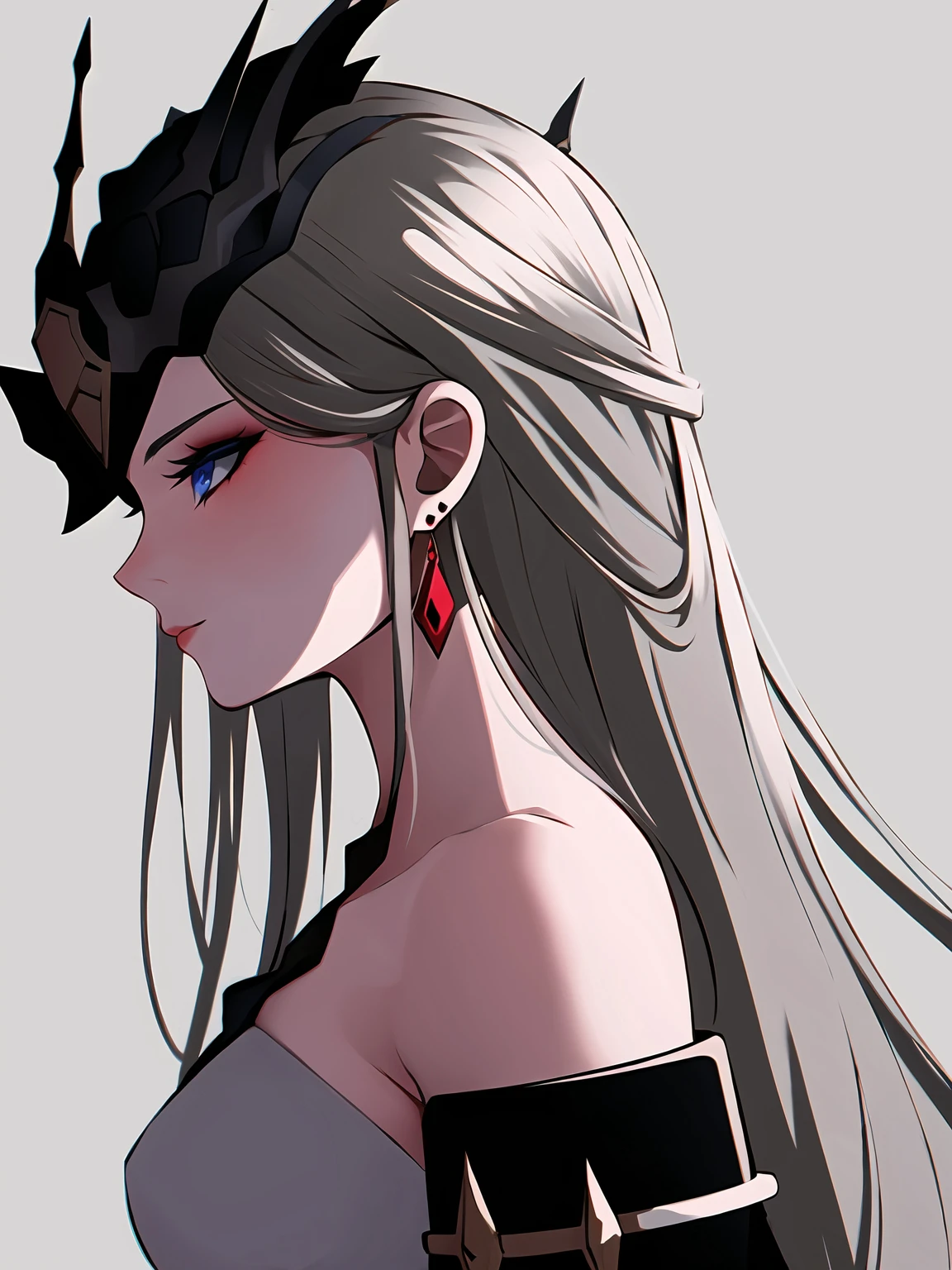 1girl, solo, blue eyes, fur trim, earrings, jewelry, white background, long hair, from side, makeup, bare shoulders, closed mouth, profile, dress, eyeshadow,signora \(genshin impact\),(mature female:1.16),<lora:signora-v3-lora-any-6ep-resize:0.7>